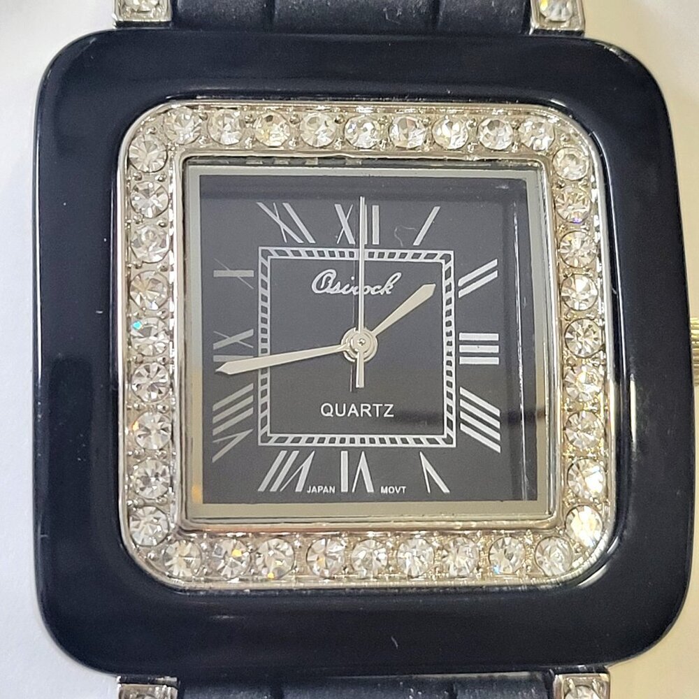 OSIROCK Black Quartz Wrist Watch Rhinestone Square Adjustable Silicone Band - Picture 6 of 15